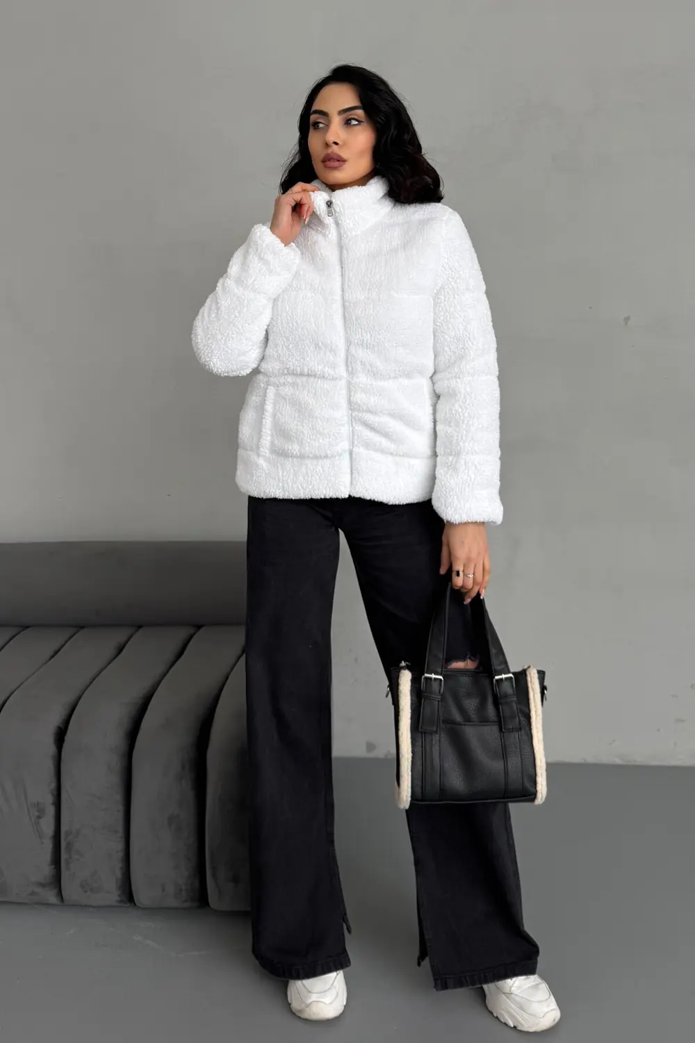 Peluş Kabartma Teddy Kadın Şişme Mont Ekru