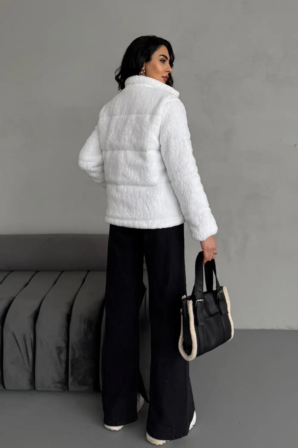 Peluş Kabartma Teddy Kadın Şişme Mont Ekru