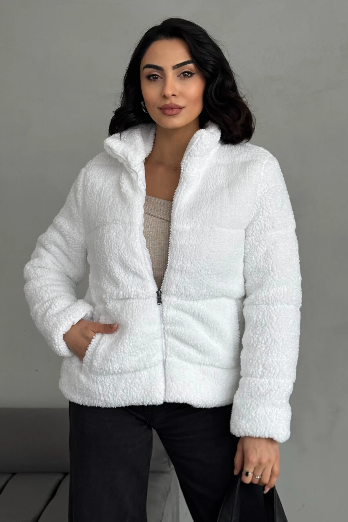 Peluş Kabartma Teddy Kadın Şişme Mont Ekru
