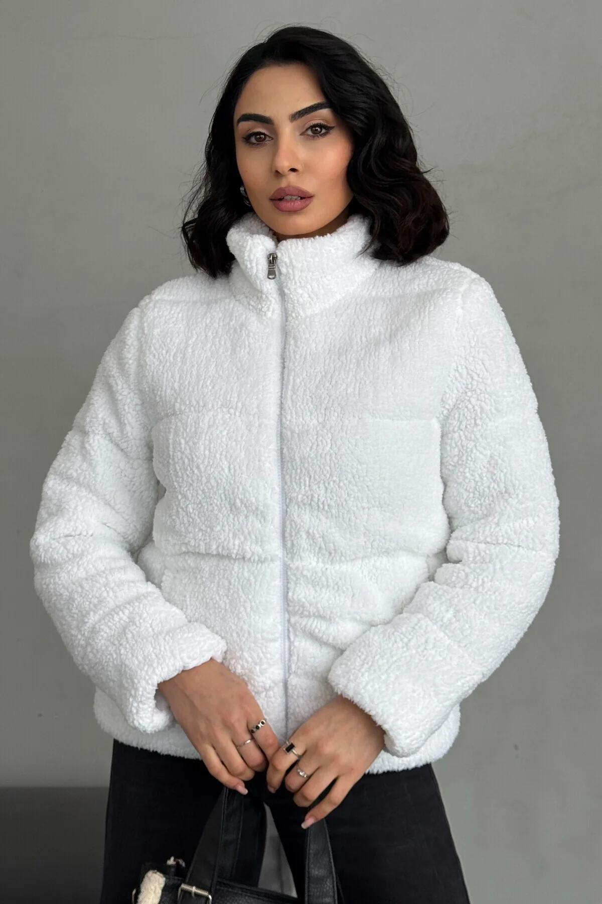 Peluş Kabartma Teddy Kadın Şişme Mont Ekru