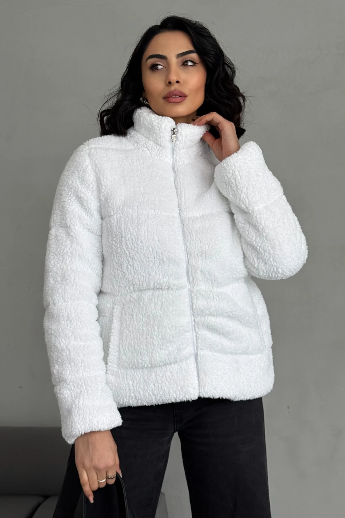 Peluş Kabartma Teddy Kadın Şişme Mont Ekru