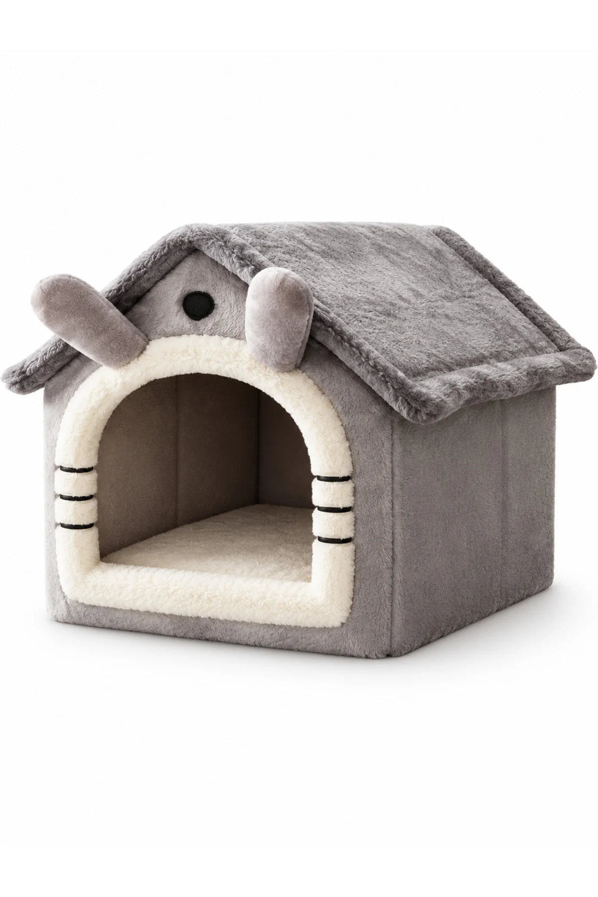 Peluş Kedi ve Küçük Irk Köpek Evi Gri Kulaklı Kapalı Yuva 45x40x45 cm - Görsel 3