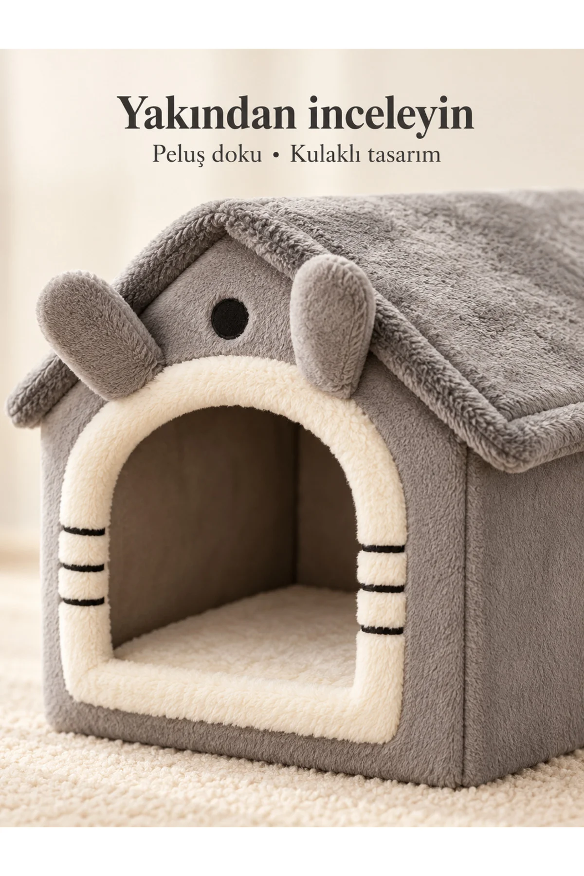 Peluş Kedi ve Küçük Irk Köpek Evi Gri Kulaklı Kapalı Yuva 45x40x45 cm - Görsel 2