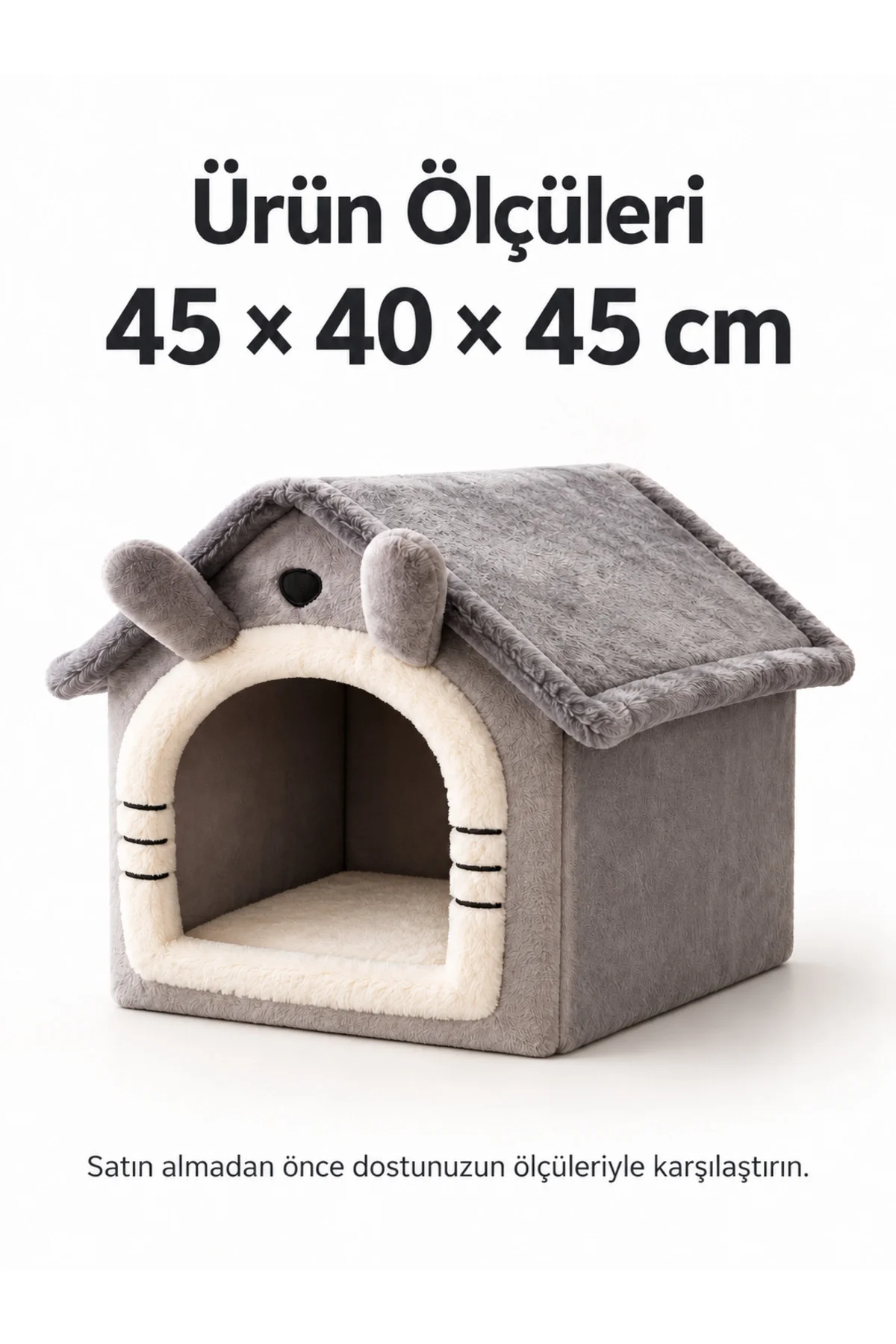 Peluş Kedi ve Küçük Irk Köpek Evi Gri Kulaklı Kapalı Yuva 45x40x45 cm - Görsel 4