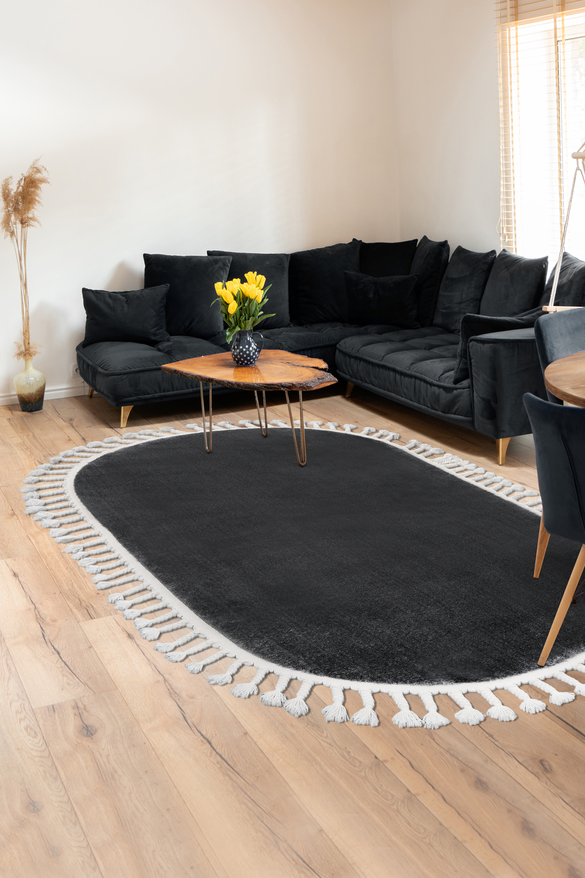 PELUŞ Oval Saçaklı HALI KOYU GRİ RENK Silinebilir 80x300