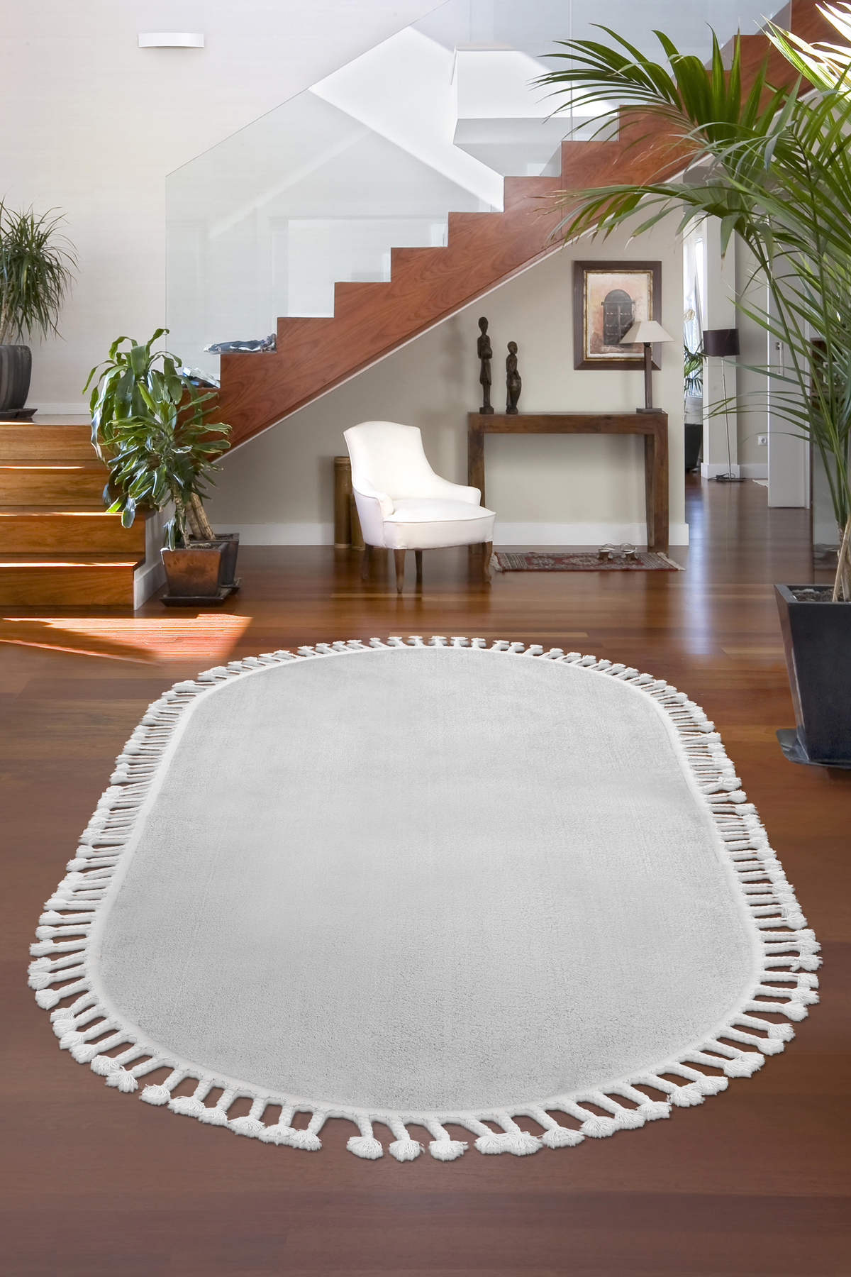 PELUŞ Oval Saçaklı HALI AÇIK GRİ RENK Silinebilir 80x200
