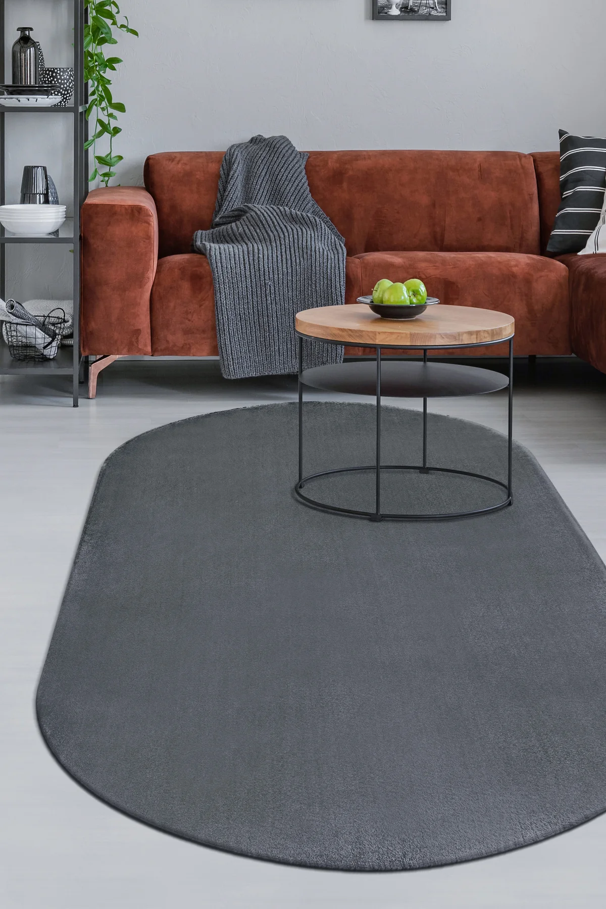 PELUŞ Oval Saçaksız HALI KOYU GRİ RENK Silinebilir Yolluk 60x400