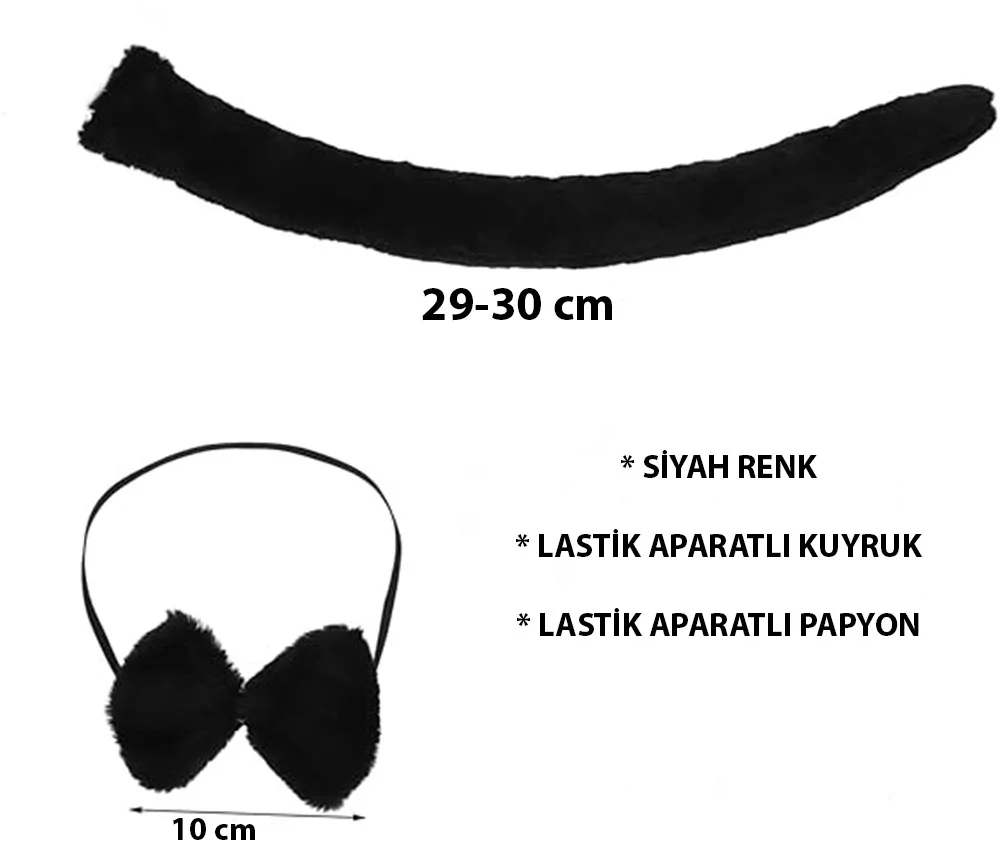 Peluş Siyah Kuyruk ve Papyon Seti – Yetişkin & Çocuk Uyumlu Parti Kostümü