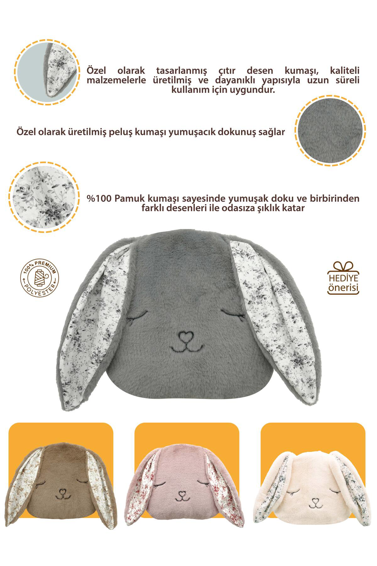 Mordesign Peluş Tavşan Yastık, Sevimli Tavşan Nakışlı Kırlent, Peluş Tavşan