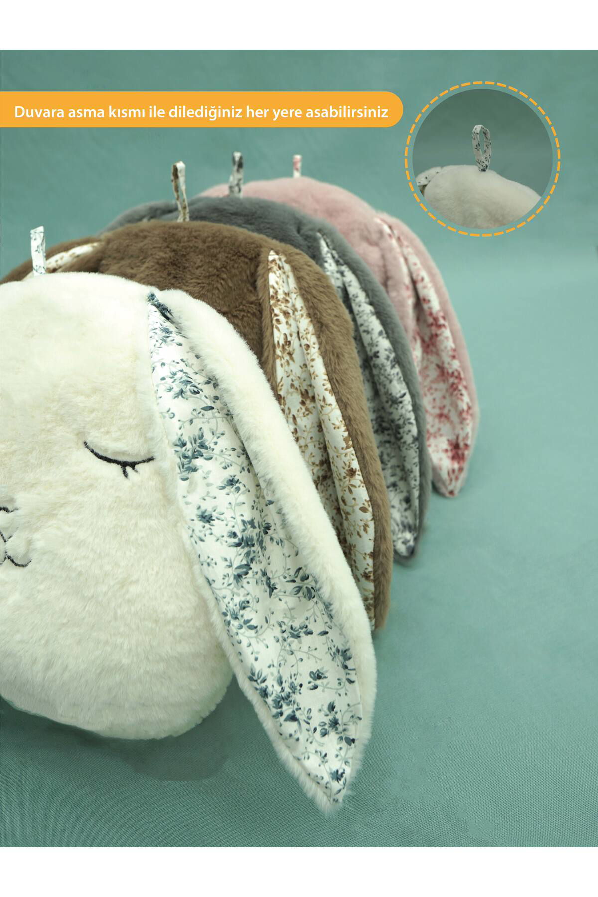 Mordesign Peluş Tavşan Yastık, Sevimli Tavşan Nakışlı Kırlent, Peluş Tavşan