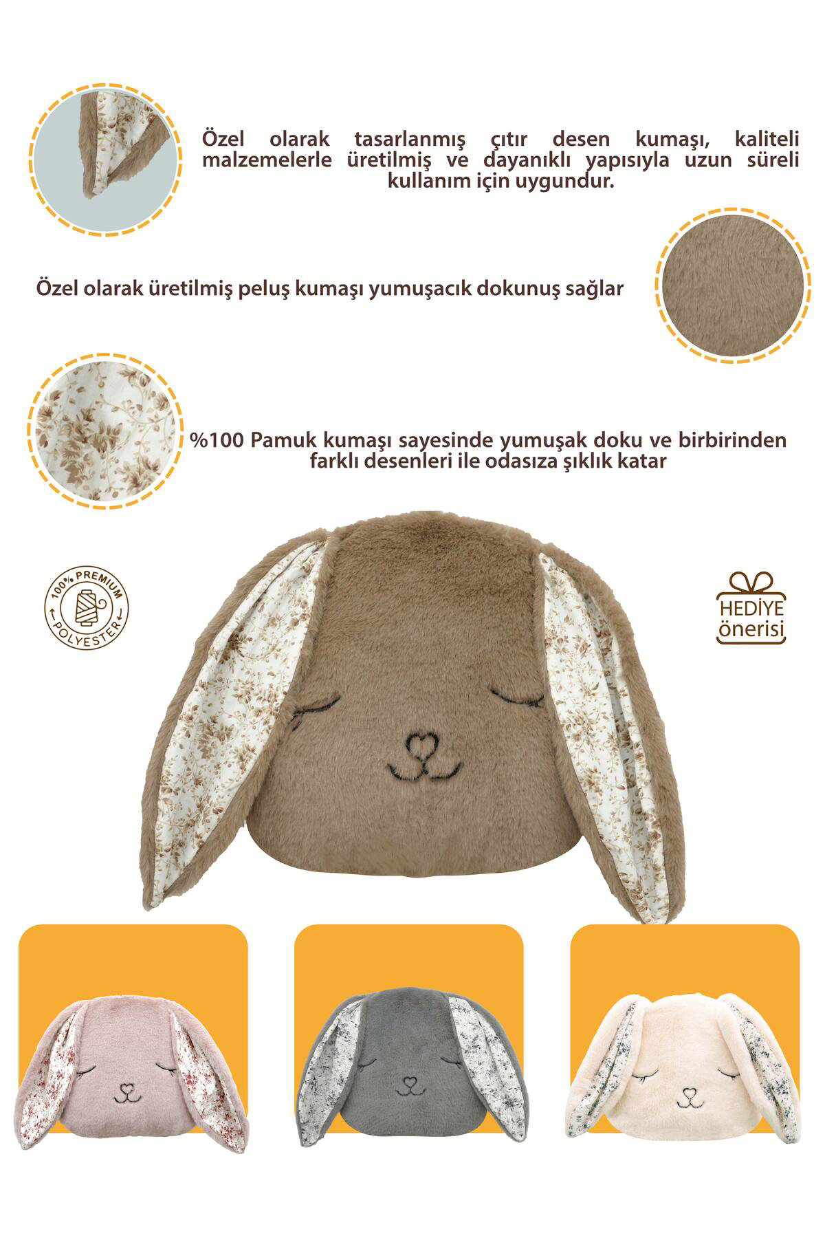 Mordesign Peluş Tavşan Yastık, Sevimli Tavşan Nakışlı Kırlent, Peluş Tavşan