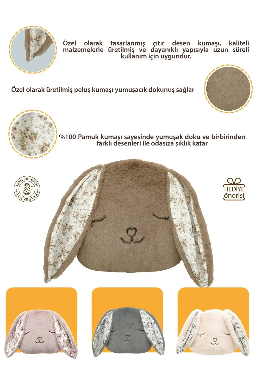 Peluş Tavşan Yastık, Sevimli Tavşan Nakışlı Kırlent, Peluş Tavşan