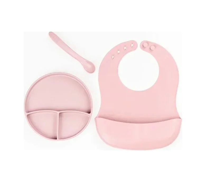 Pembe 3 Lü Silikon Yemek Seti Önlük + Diş Kaşıyıcılı Kaşık + Vakumlu Tabak