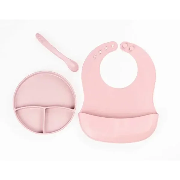 Pembe 3’lü Silikon Yemek Seti – Önlük + Diş Kaşıyıcılı Kaşık + Vakumlu Tabak Pembe 3’lü Silikon Yemek Seti – Önlük + Diş Kaşıyıcılı Kaşık + Vakumlu Tabak