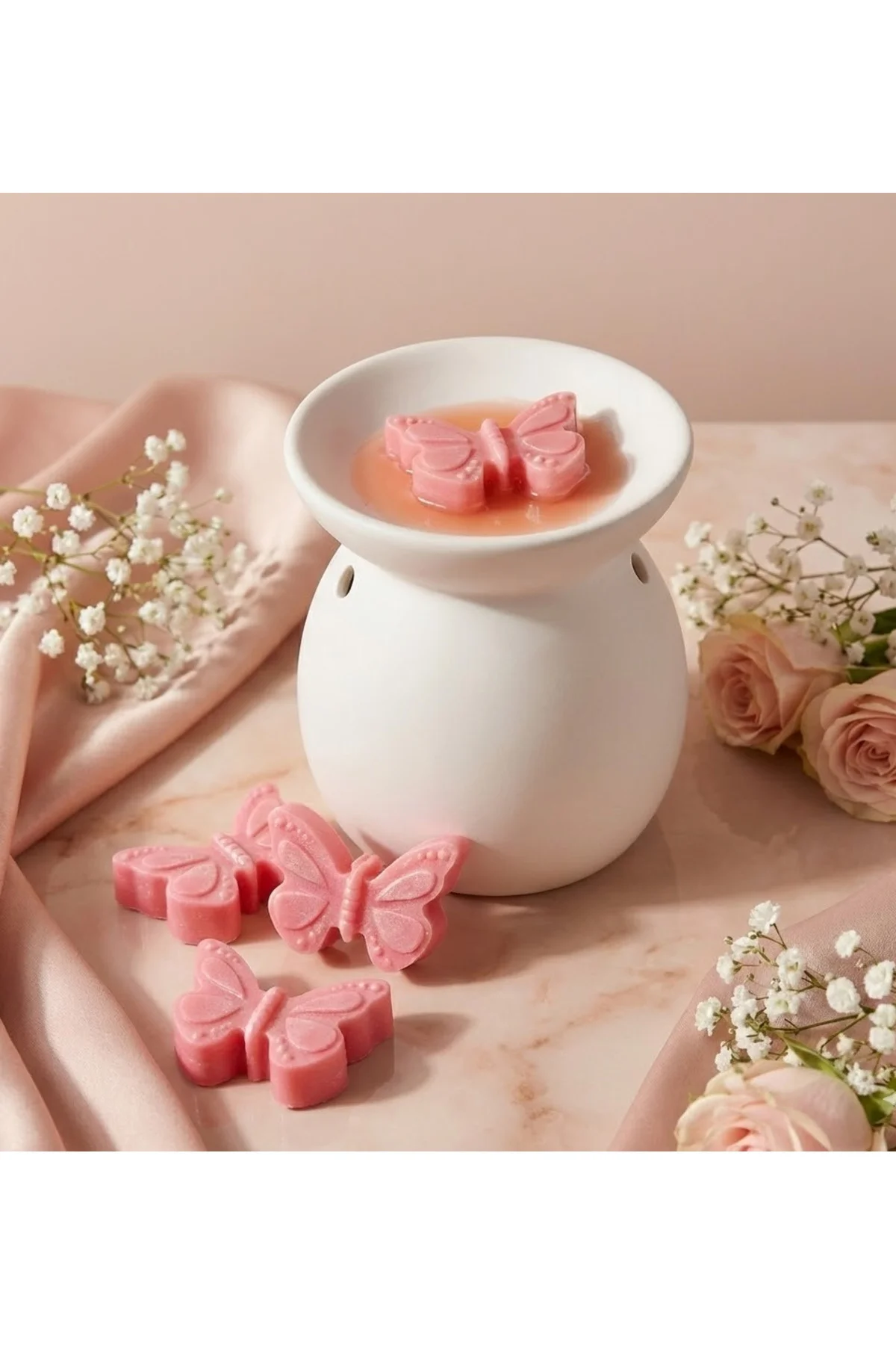 Pembe 8'li Kelebek Şekilli Gül Aromalı Buhurdanlık Vegan Soya Mum