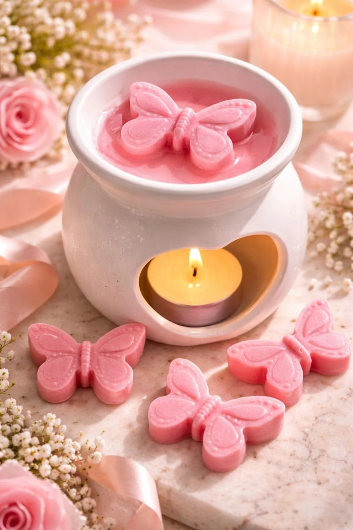 Pembe 8'li Kelebek Şekilli Gül Aromalı Buhurdanlık Vegan Soya Mum