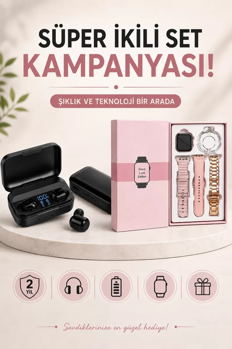 Pembe Akıllı Saat ve TWS Bluetooth Kulaklık Hediye Seti - Sağlık Takibi ve Dokunmatik Kontrol