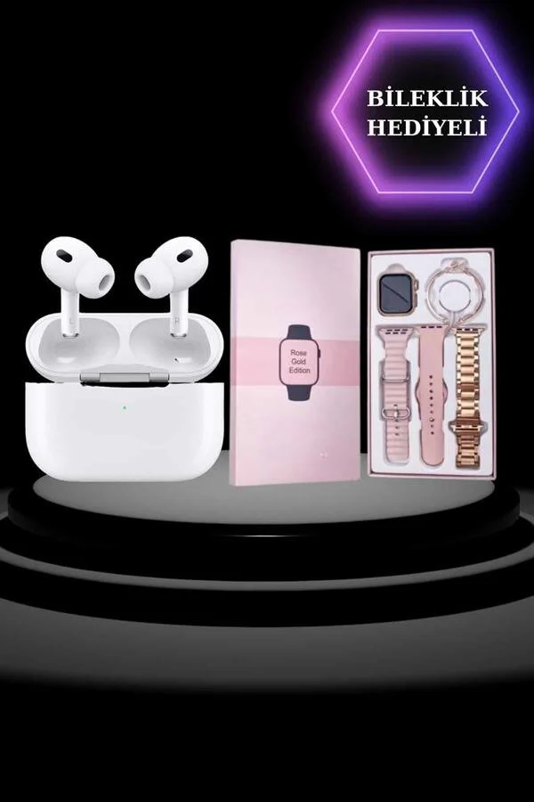 Pembe Akıllı Saat ve Pro Kulaklık Seti - Amoled Ekran, 3 Kordon, ANC Gürültü Önleme