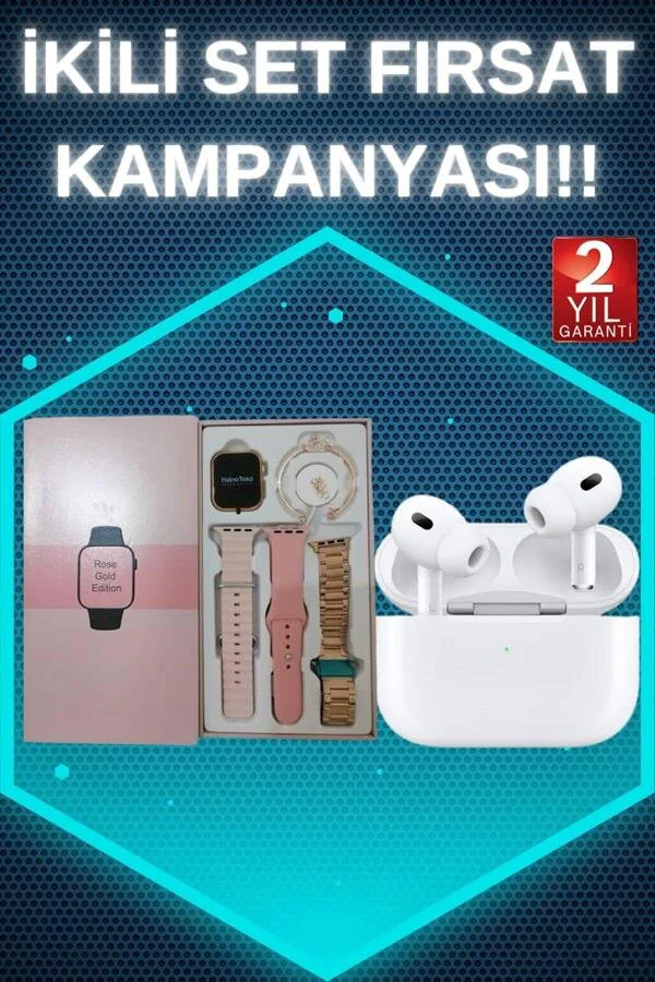 Pembe Akıllı Saat ve Pro Kulaklık Seti - Amoled Ekran, 3 Kordon, ANC Gürültü Önleme