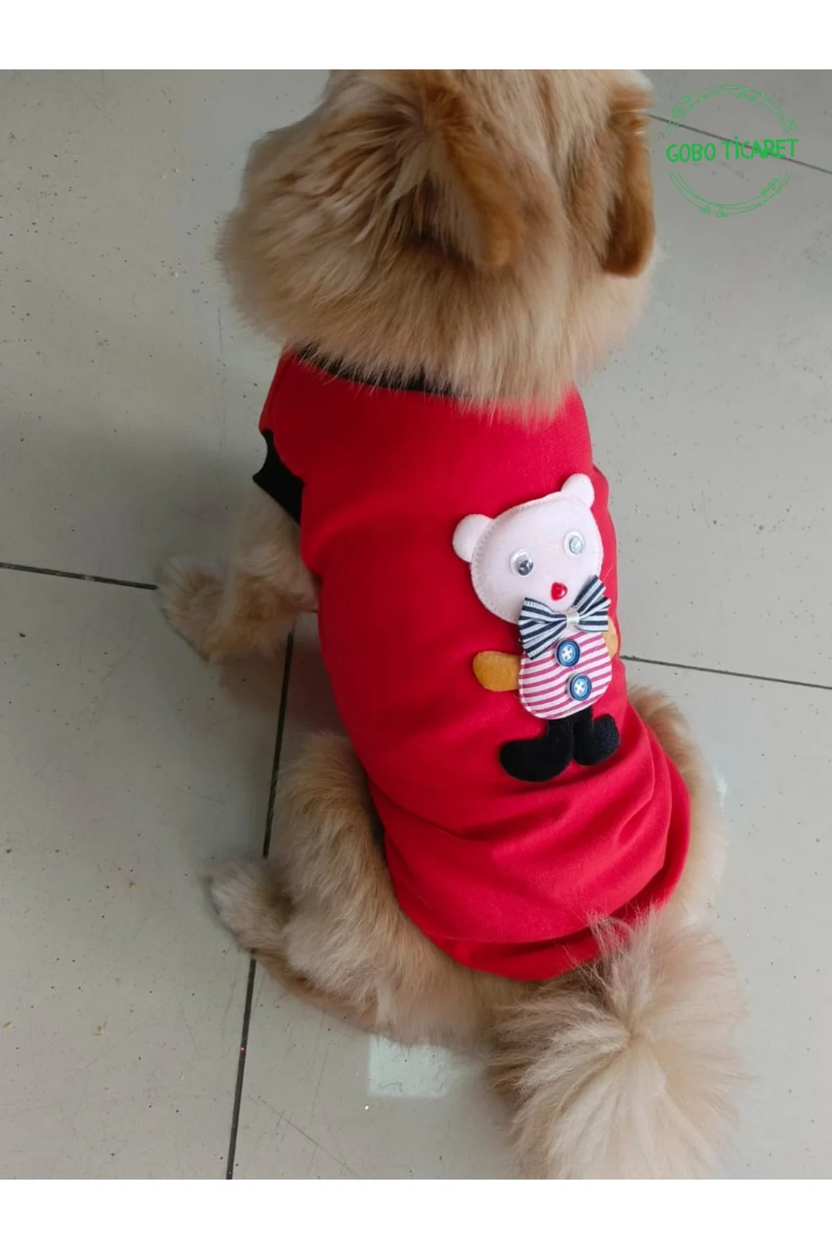 Pembe Ayıcık Aksesuarlı Kırmızı Kedi Köpek Kıyafeti Elbisesi Gri 