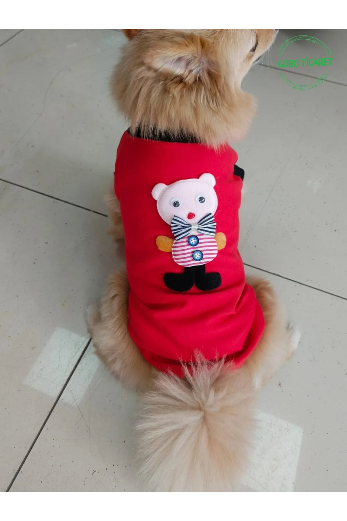 Pembe Ayıcık Aksesuarlı Kırmızı Kedi Köpek Kıyafeti Elbisesi Gri 