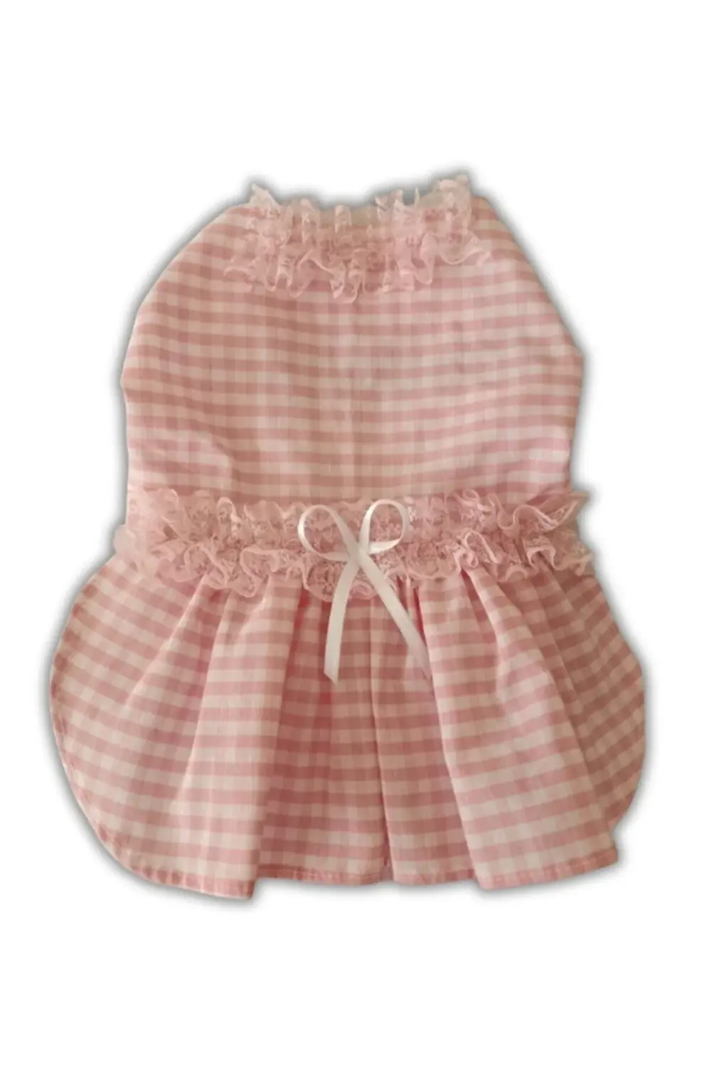 Pembe Beyaz Kareli Kurdeleli Kedi Köpek Kıyafeti Elbisesi