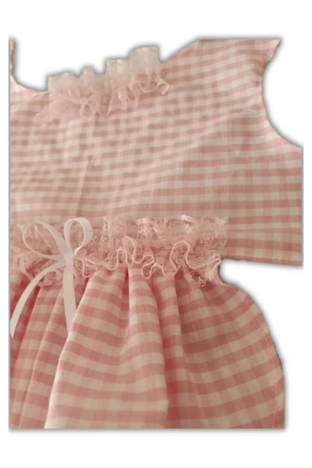 Pembe Beyaz Kareli Kurdeleli Kedi Köpek Kıyafeti Elbisesi