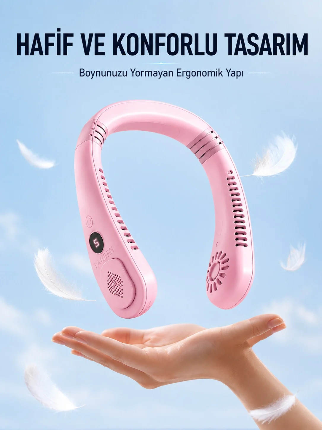 Pembe Boyun Tipi Fan USB Şarjlı Hafif Tasarım Güçlü Hava Üflemeli Serinletici