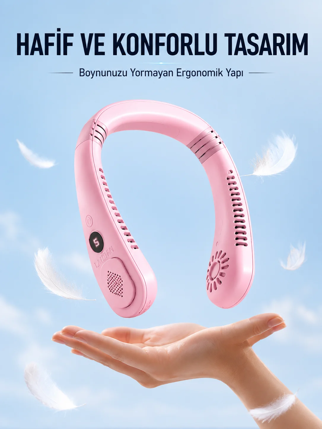 Pembe Boyun Tipi Fan USB Şarjlı Hafif Tasarım Güçlü Hava Üflemeli Serinletici