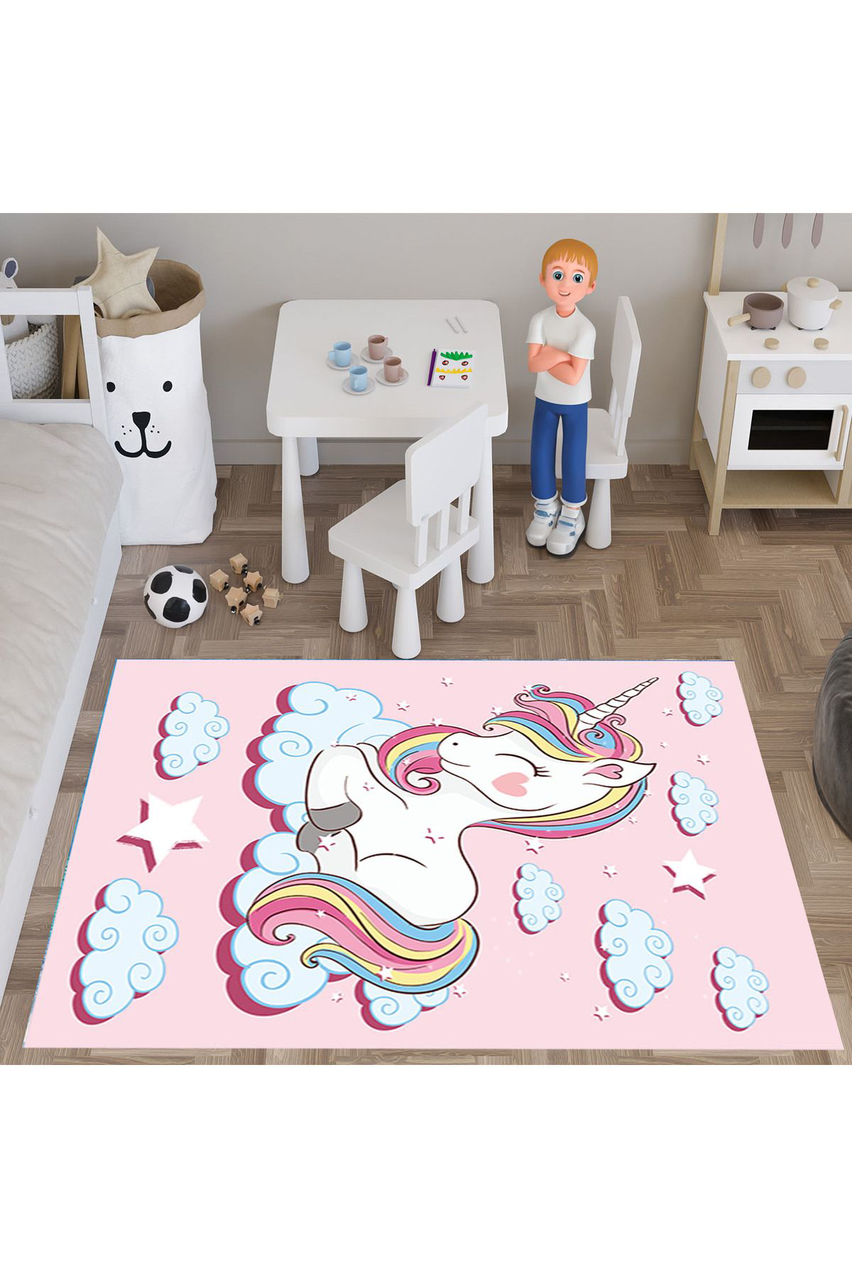 Evan Home Pembe Bulutlu At  Desenli  Dijital Baski Yikanabilir Kaymaz Taban Çocuk Odasi Halisi