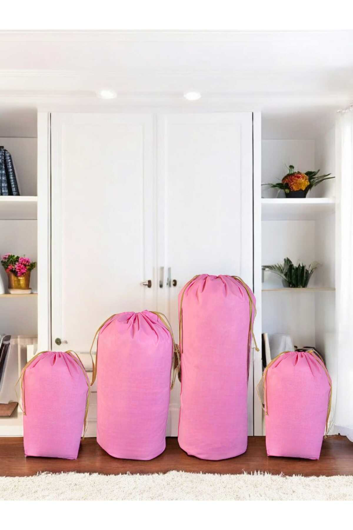 Balkan Room Pembe Büzgülü Hurç 4'Lü Set - Xxl ,Xl, 2L - Taşınma Çantası - Yor