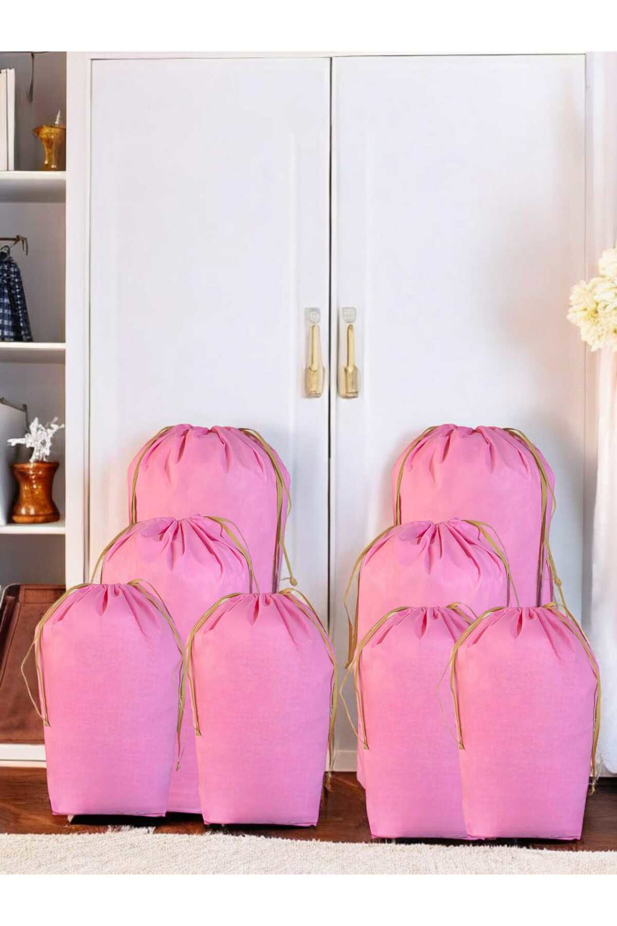 Pembe Büzgülü Hurç 8'li Set - 2XXL ,2XL, 4L - Taşınma Çantası -Yo