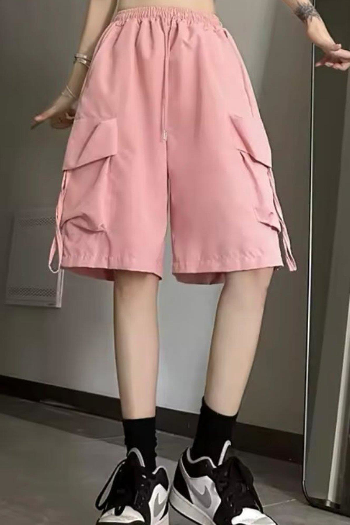 Köstebek Pembe Cepli Gabardin Y2k Kargo Şort