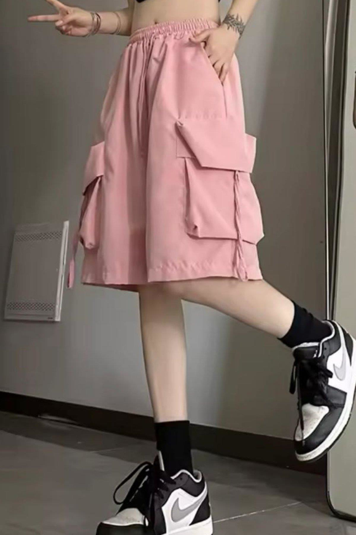 Köstebek Pembe Cepli Gabardin Y2k Kargo Şort