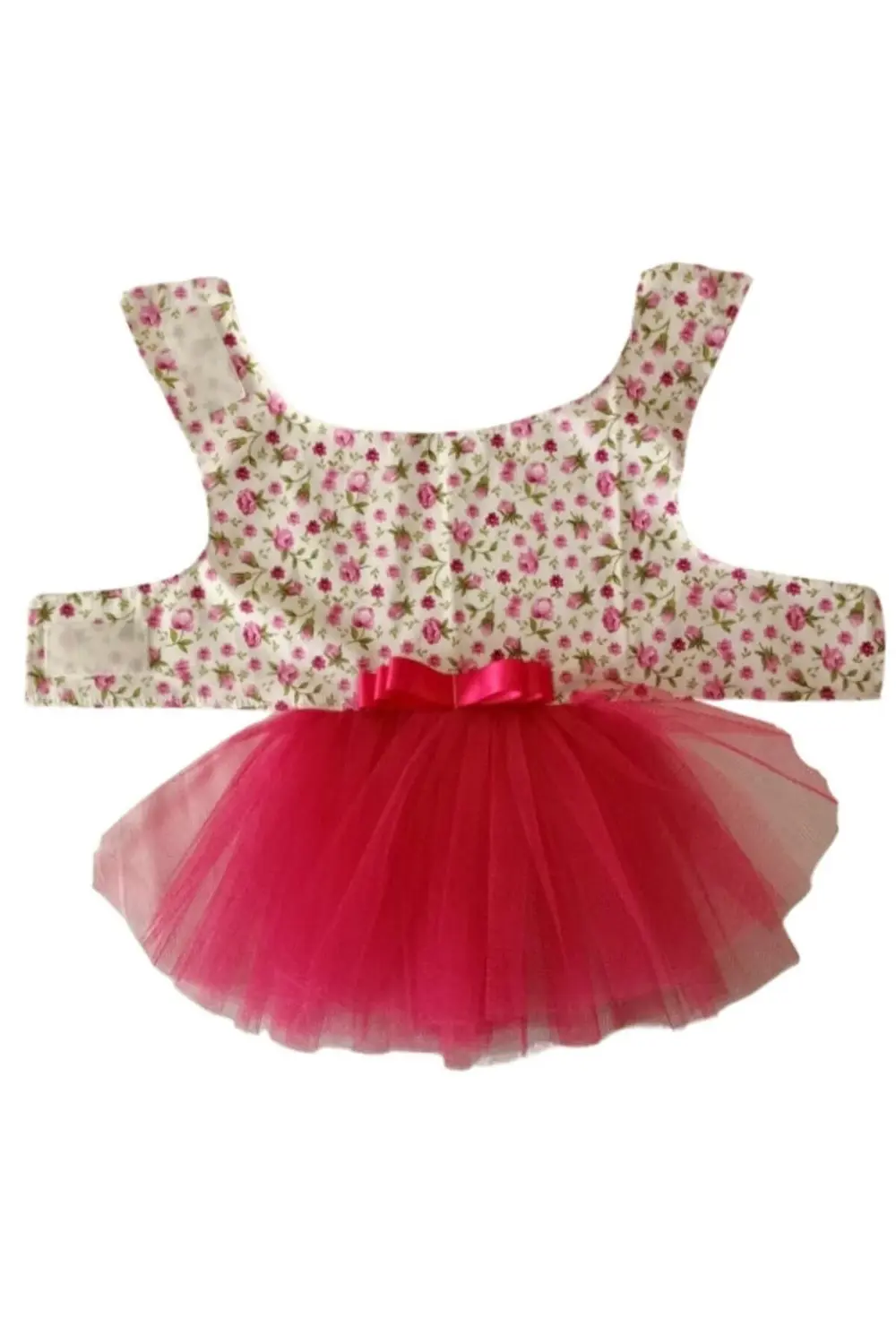 Pembe Çiçekli Kurdeleli Kırmızı Tüllü Beyaz Kedi ve Köpek Kıyafet