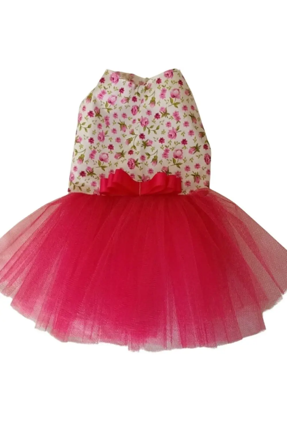 Pembe Çiçekli Kurdeleli Kırmızı Tüllü Beyaz Kedi ve Köpek Kıyafet