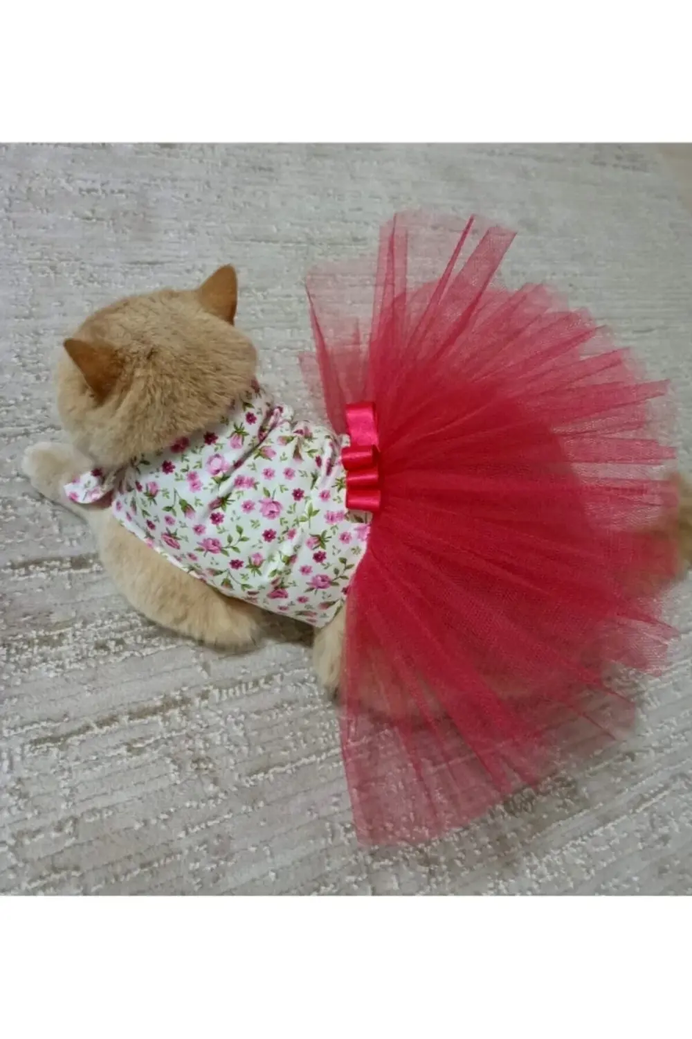 Pembe Çiçekli Kurdeleli Tüllü Beyaz Kedi ve Köpek Kıyafeti Elbise