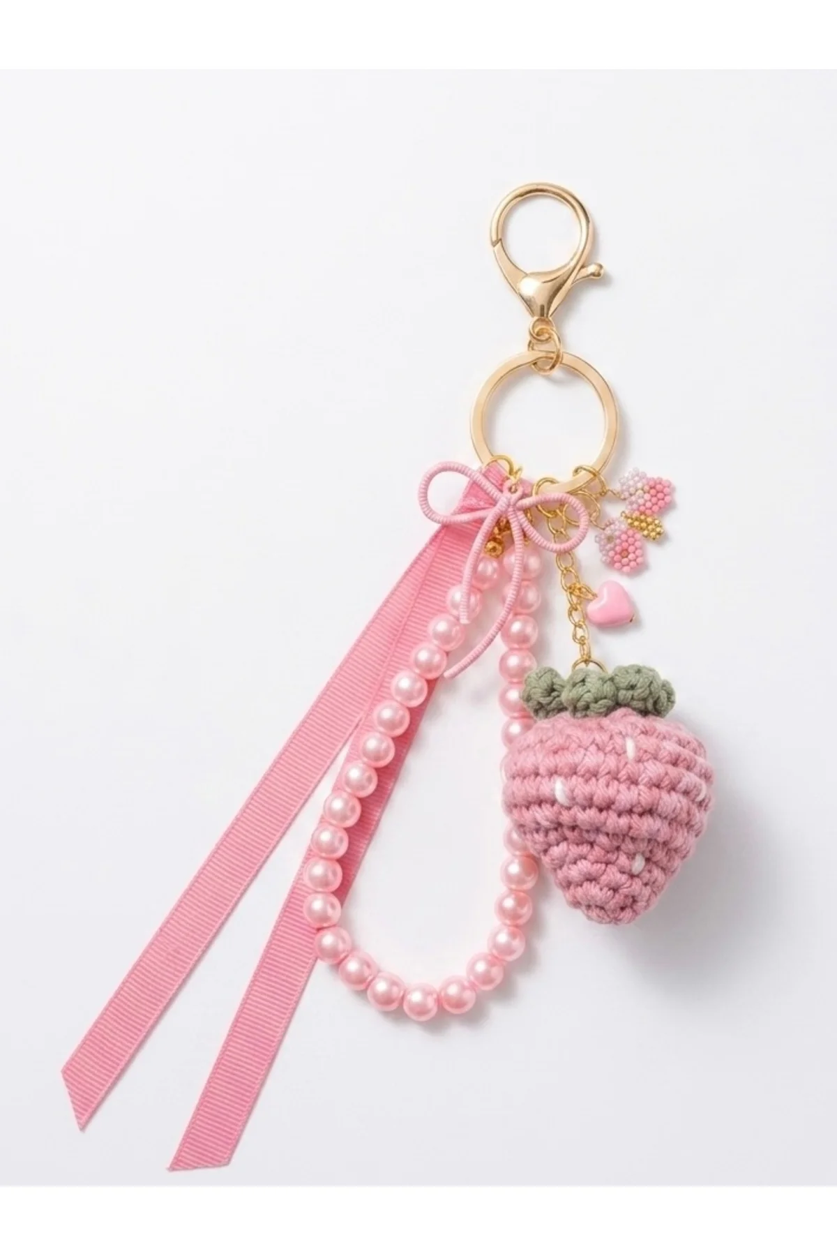 Pembe Çilek Çanta Aksesuarı Ve İncili Anahtarlık Amigurumi