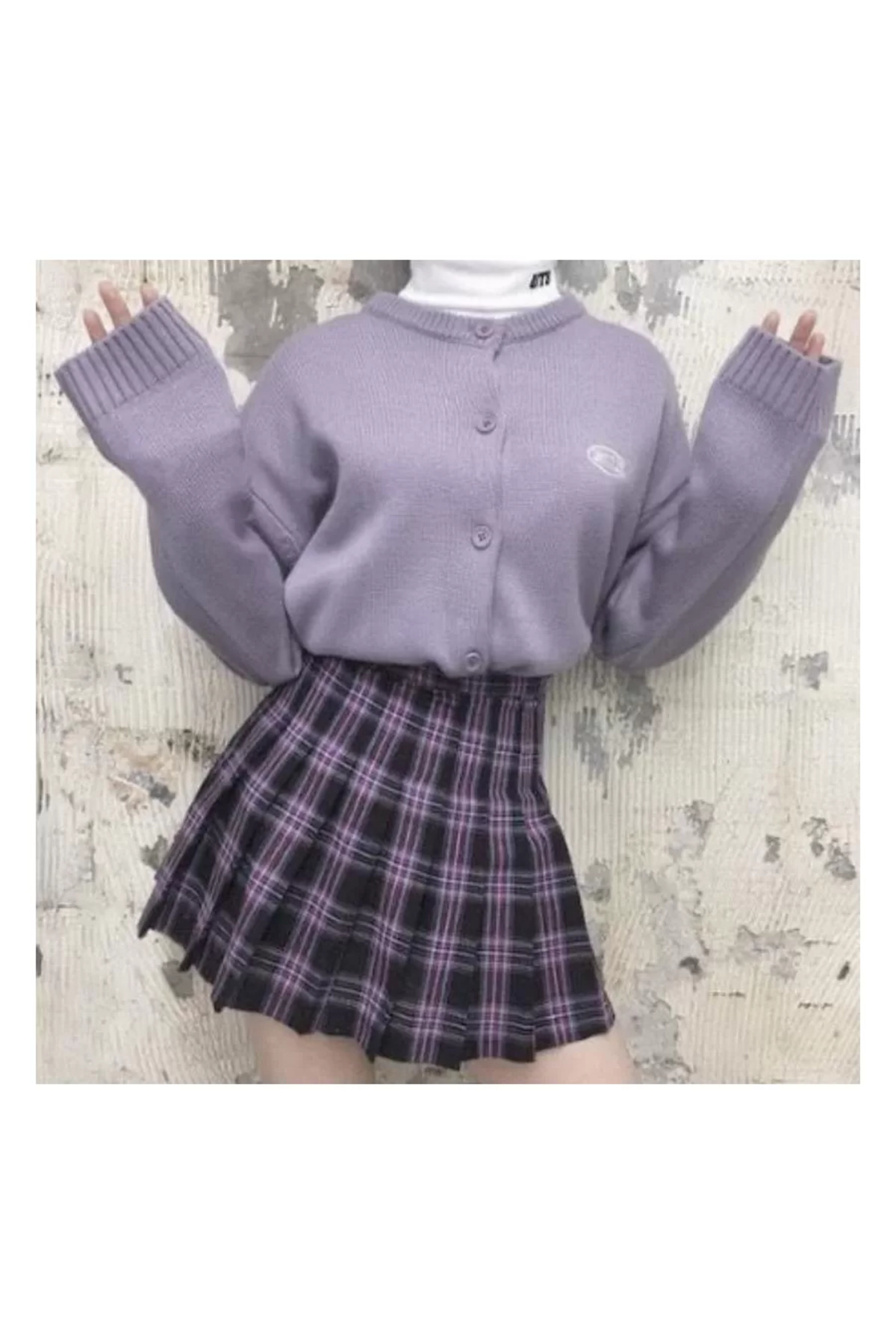 Köstebek Pembe Çizgili Lacivert Ekoseli Pileli Etek