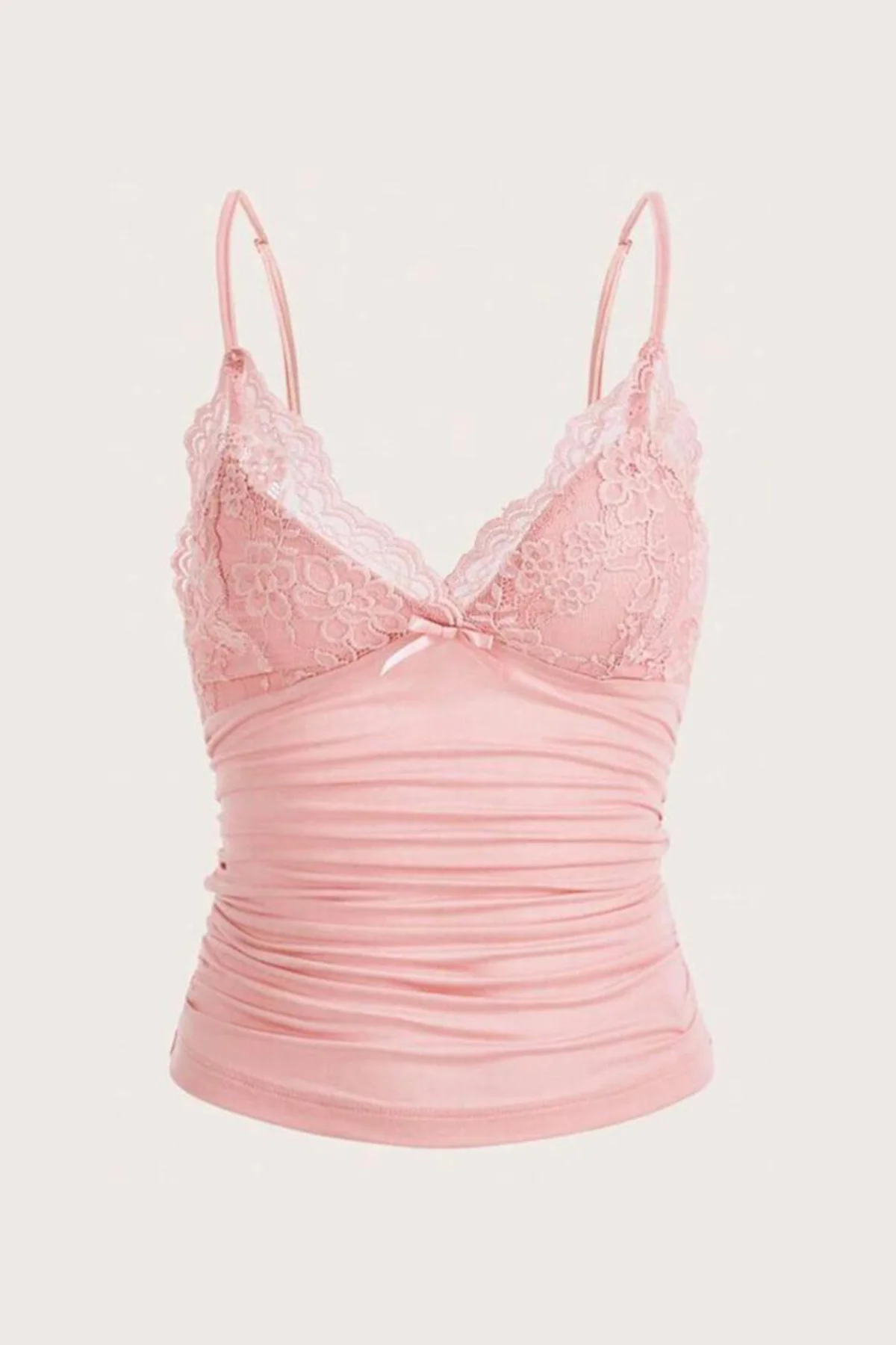 Pembe Dantel Detaylı Fiyonklu Y2K Askılı Crop Pembe Dantel Detaylı Fiyonklu Y2K Askılı Crop