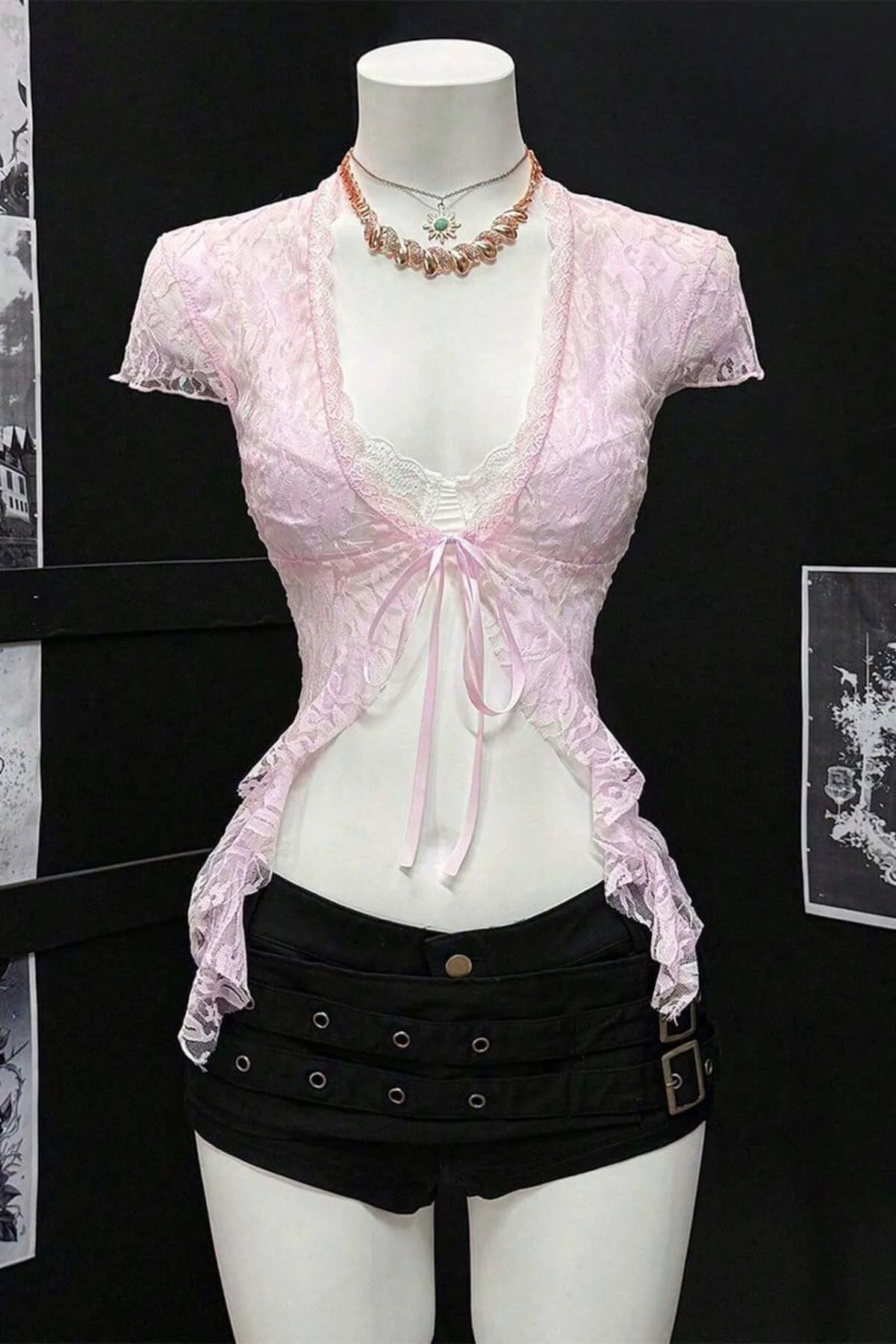 Pembe Dantelli Bağlamalı Bolero Y2K Kısa Kollu Crop