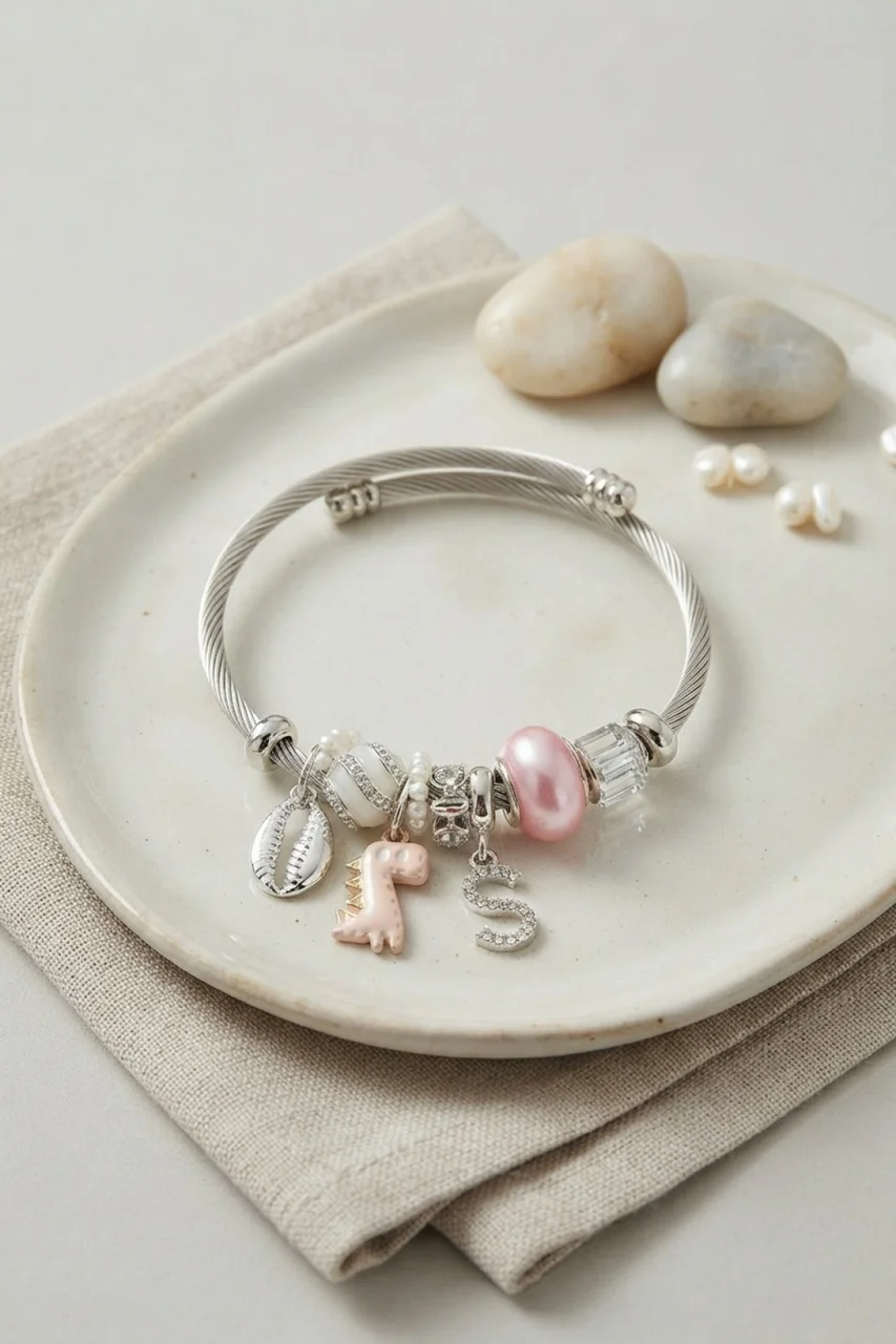 Pembe Dinazor Model Charmlı Gümüş Renk Bileklik - Lisinya Diğer