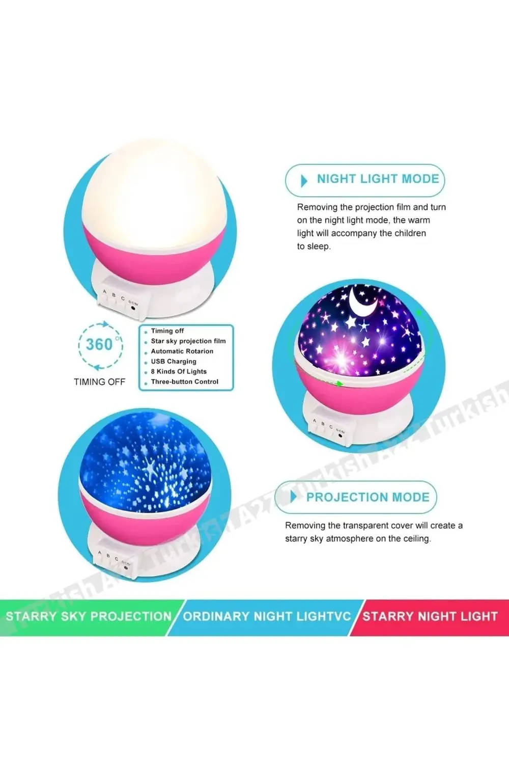 Pembe Dönen Renkli Ay Yıldızlı Gökyüzü Yansıtmalı Projeksiyon Gec