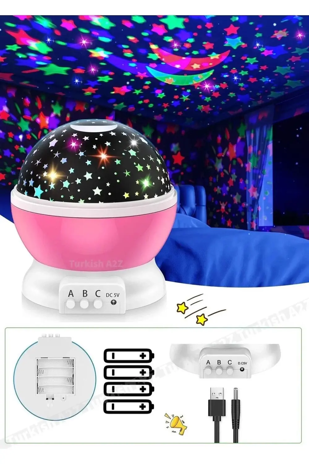 Pembe Dönen Renkli Ay Yıldızlı Gökyüzü Yansıtmalı Projeksiyon Gec