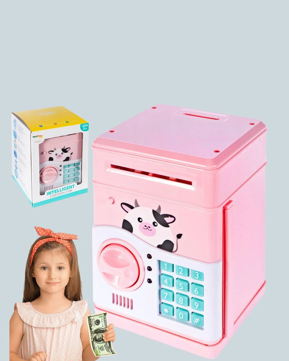 Pembe Elektronik Şifreli Otomatik Para Çeken ATM Kumbarası - Çocuklar İçin Eğlenceli ve Öğretici Para Biriktirme Takımı