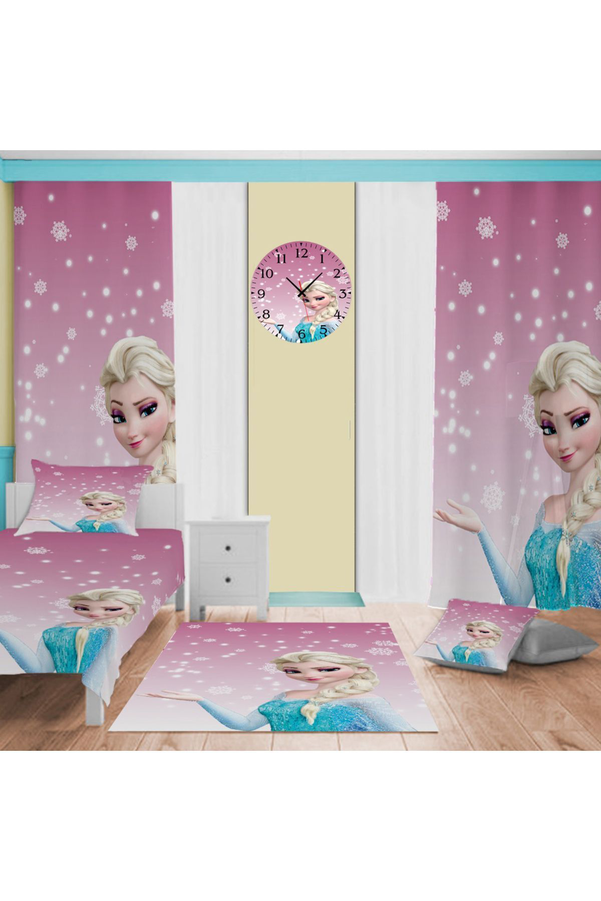 Evan Home Pembe Elsa Desenli Dijital Baskı Çocuk Odası Takım Fon Perde,Yatak Örtüsü,Yastık ,Kırlent ,Halı,Saat