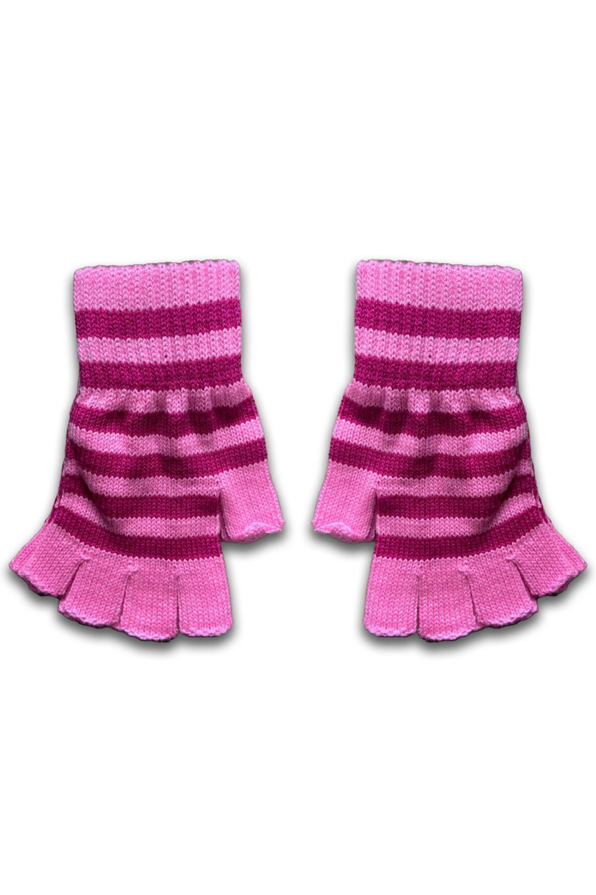Pembe Fuşya Çizgili Kesik Parmak Unisex Eldiven