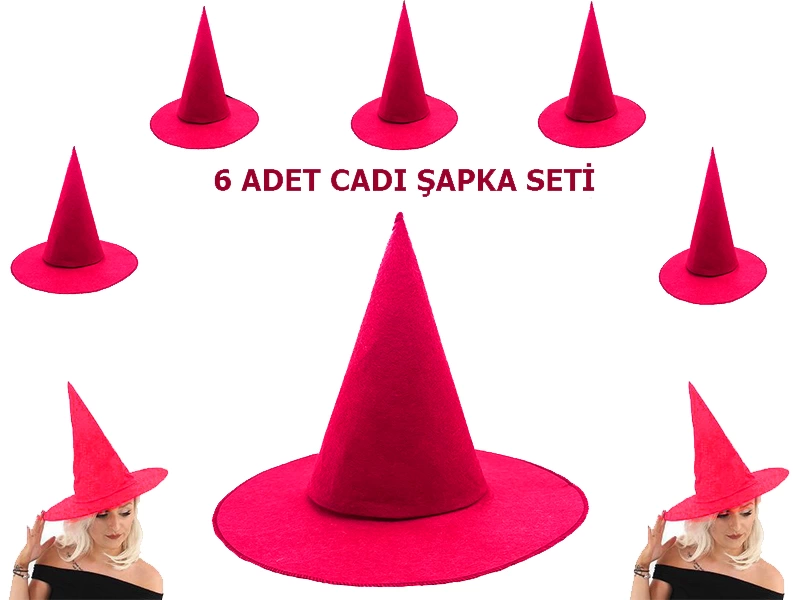 Pembe Fuşya Renk Keçe Cadı Şapkası Yetişkin Çocuk Uyumlu 6 Adet Pembe Fuşya Renk Keçe Cadı Şapkası Yetişkin Çocuk Uyumlu 6 Adet