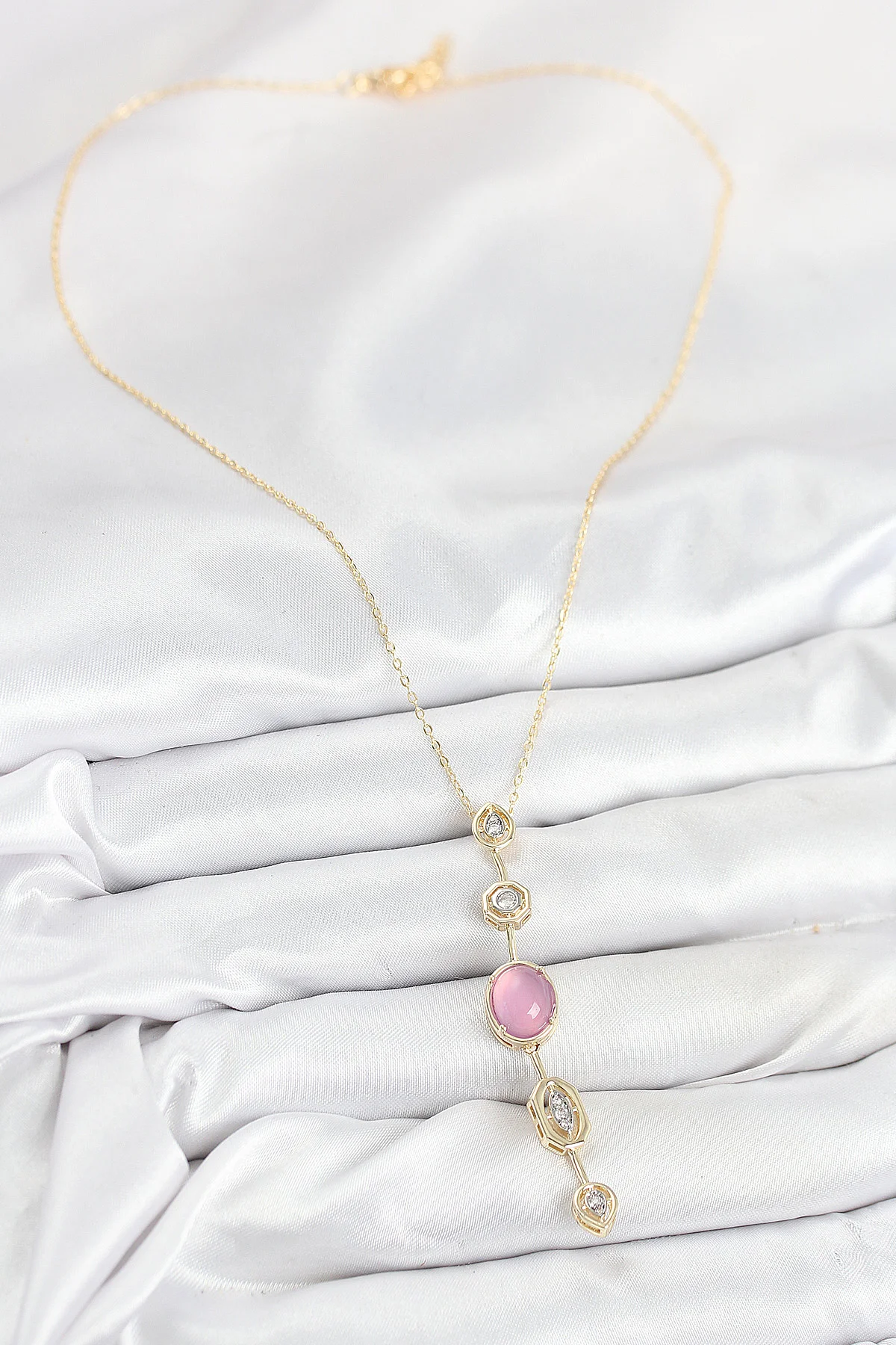 Pembe Gold Renk Zirkon Taşlı Y Kolye - Pirinç Zincir 5886