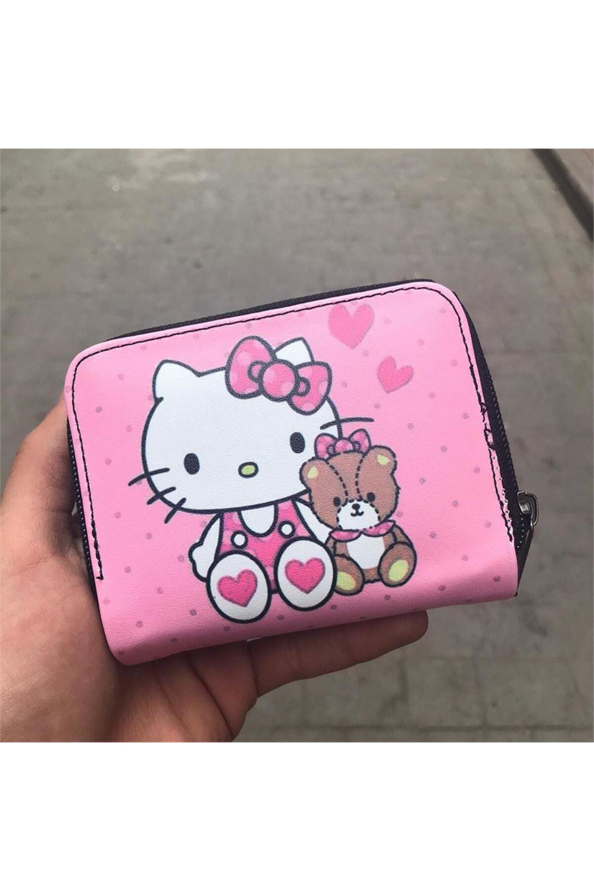 Pembe Hello Kitty And Teddy Portrait Kısa Cüzdan